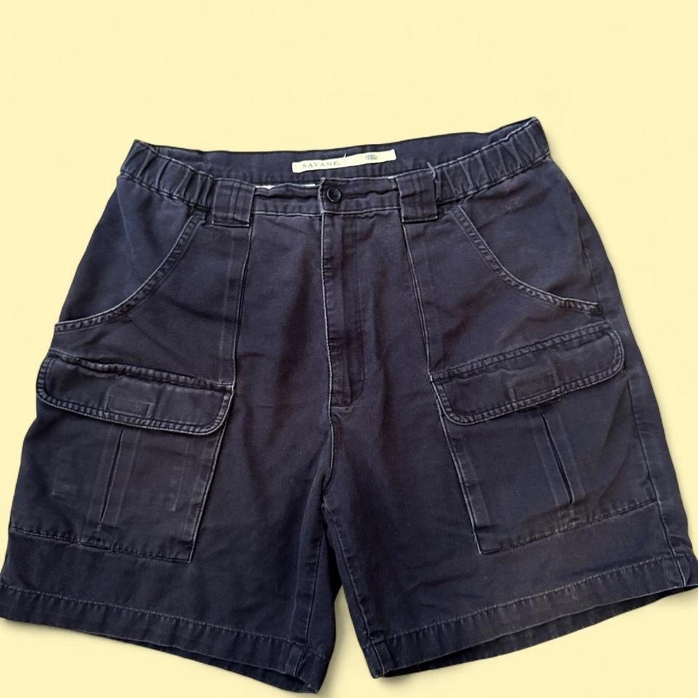 Vintage Savane Mens Navy Blue 100 Cotton Cargo Shorts Elastic Waist Size 34
